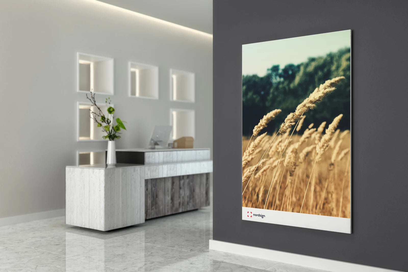 Wizualizacja produktu: ścienna rama tekstylna Big Frame 28 w recepcji