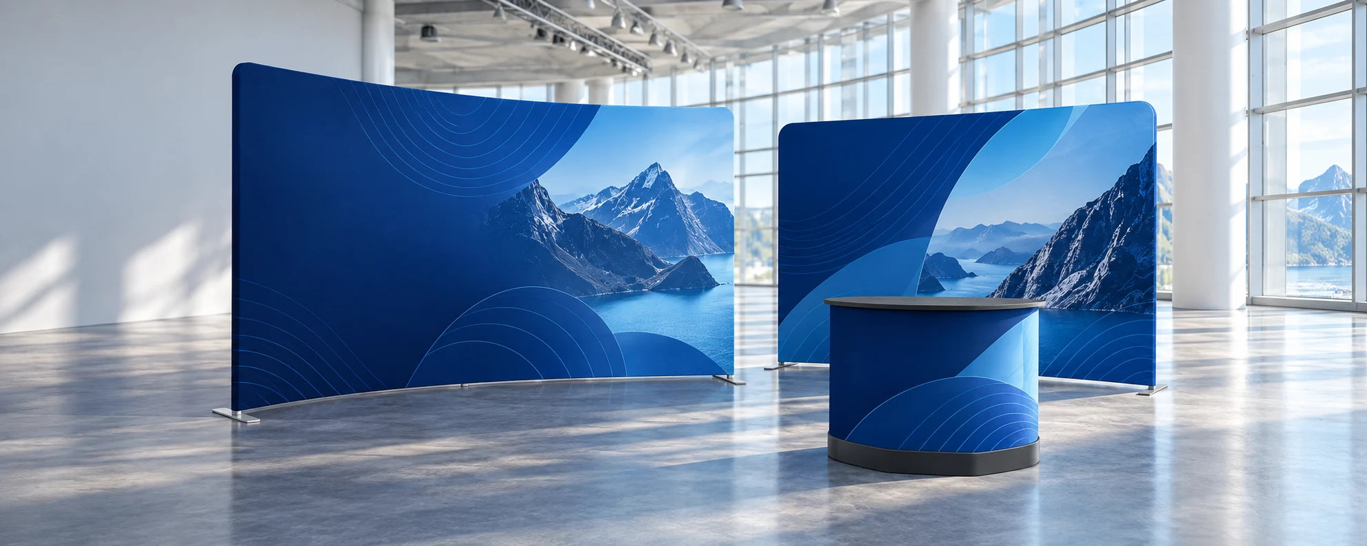 Blue exhibition concept featuring Curved and Straight Zipper Walls with a matching Exhibition Counter