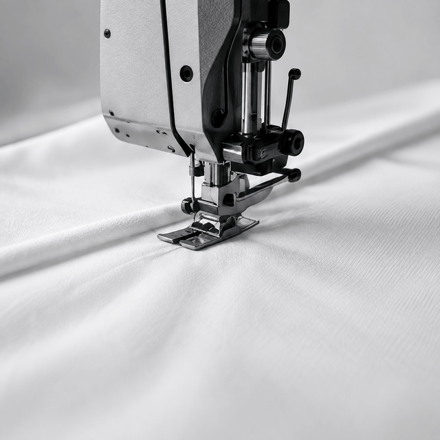 Sewing along the edge of white fabric