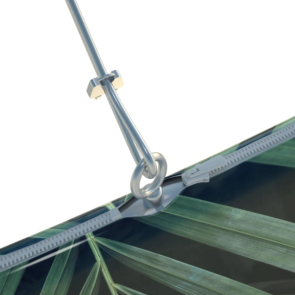 Ceiling Circle Display cable attachment and textile edge