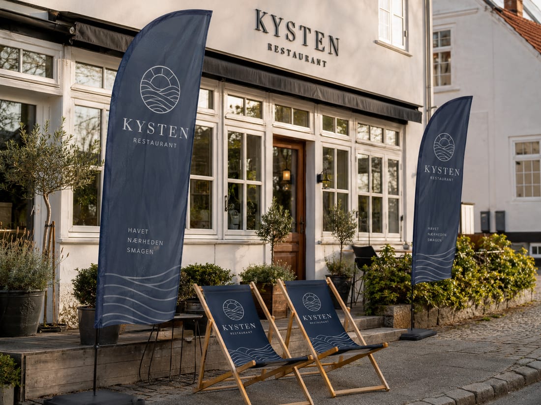 Illustrative concept: blue Feather flags outside a restaurant