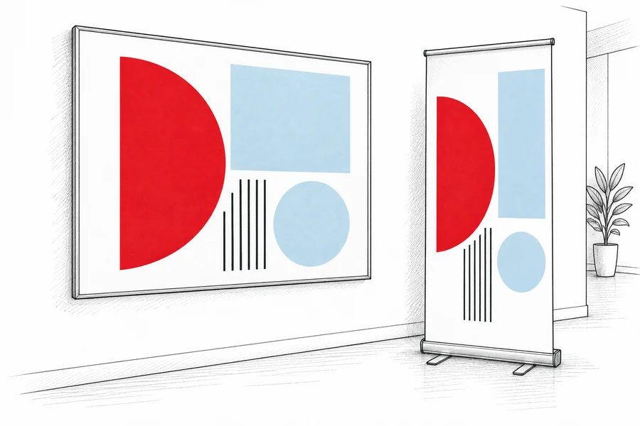 Drawing of the same design printed on a textile frame and roll-up banner