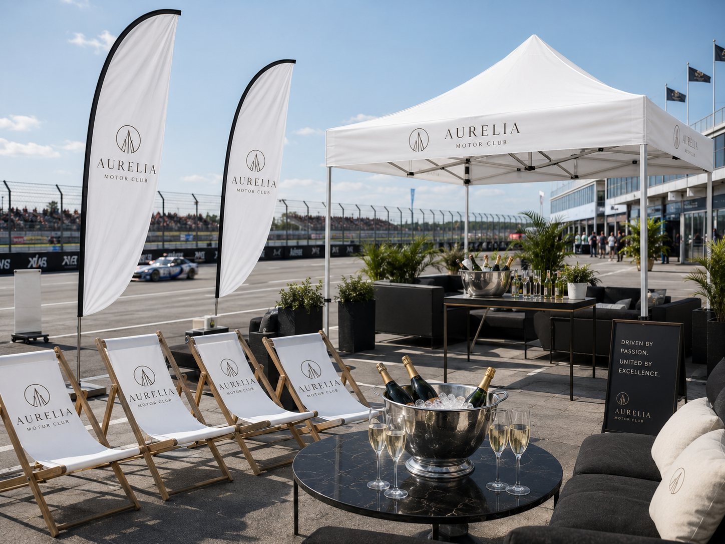 Outdoor branded event flags and tent display inspiration