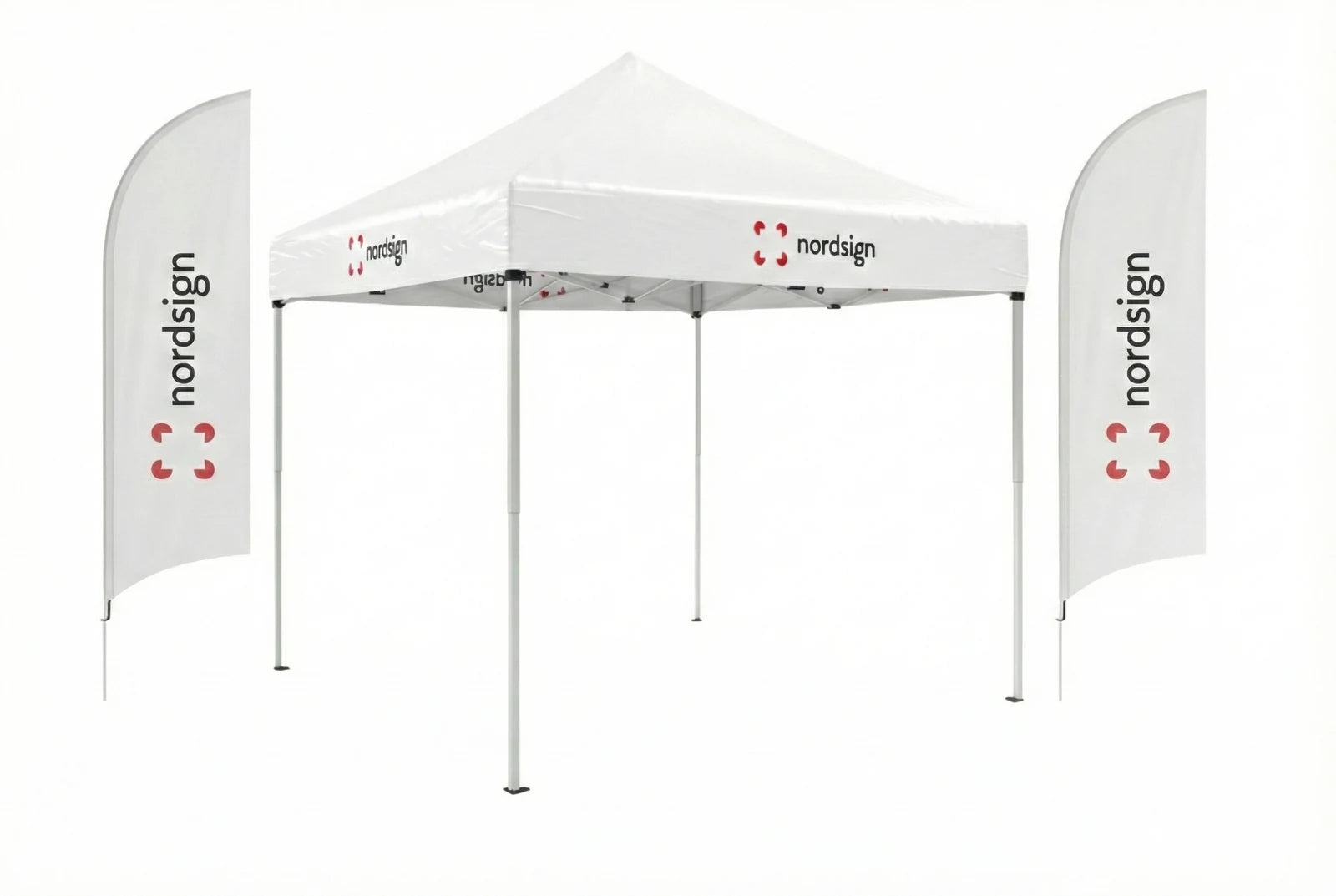 Product visualisation of a Nordsign printed event tent with two beach flags beside the front legs