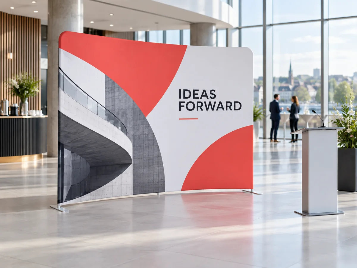 Illustrative concept of a curved zipper wall with coral and white graphics in a conference foyer