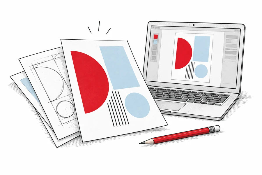 Ilustracja projektu na laptopie i arkuszach z grafiką